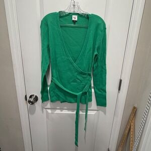 Cabi Womens Wrap Sweater Ribbed Knit Cotton Blend Green Size Small